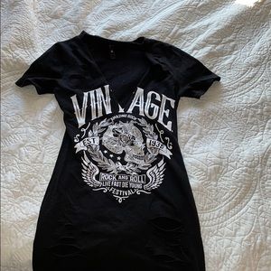 Vintage fitted black V neck distressed dress